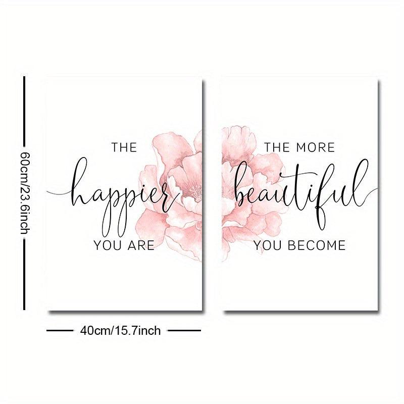 2pcs Floral Art Poster with Happier Quote Canvas Print