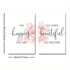 2pcs Floral Art Poster with Happier Quote Canvas Print