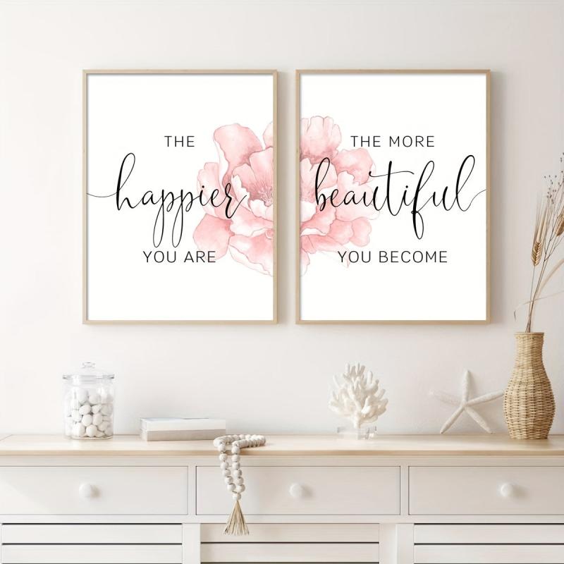 2pcs Floral Art Poster with Happier Quote Canvas Print