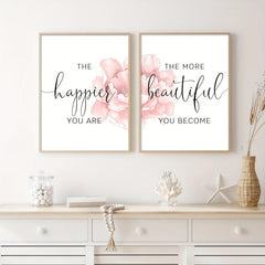 2pcs Floral Art Poster with Happier Quote Canvas Print