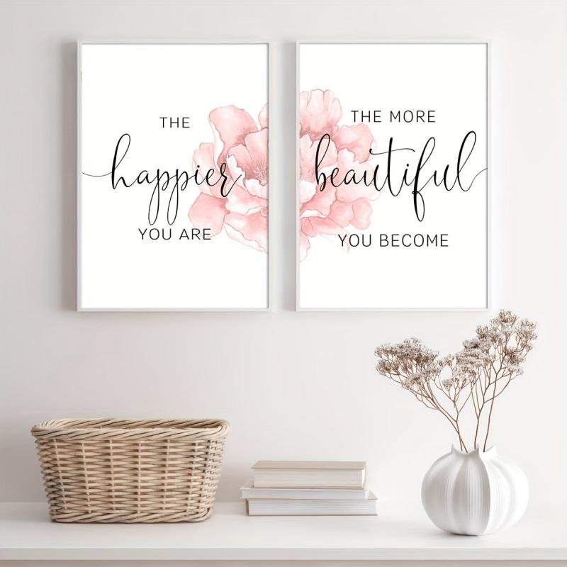 2pcs Floral Art Poster with Happier Quote Canvas Print
