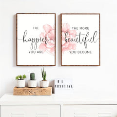 2pcs Floral Art Poster with Happier Quote Canvas Print
