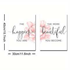 2pcs Floral Art Poster with Happier Quote Canvas Print