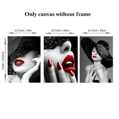 3pcs Red Lips Woman Mural Print Canvas Art Beauty Wall Picture