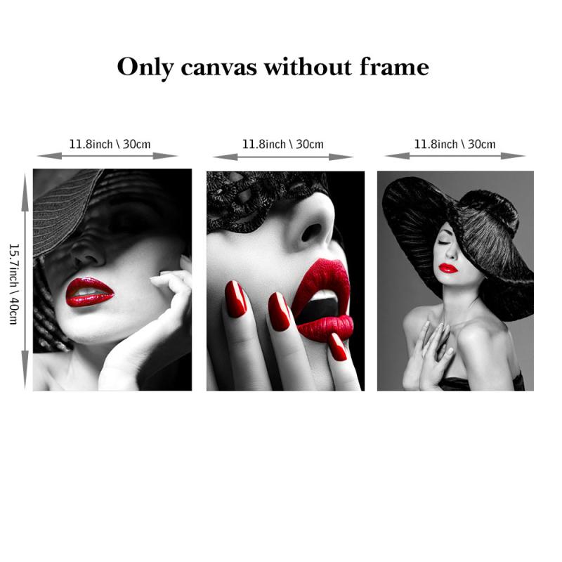 3pcs Red Lips Woman Mural Print Canvas Art Beauty Wall Picture
