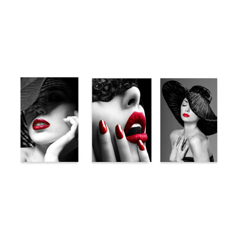 3pcs Red Lips Woman Mural Print Canvas Art Beauty Wall Picture