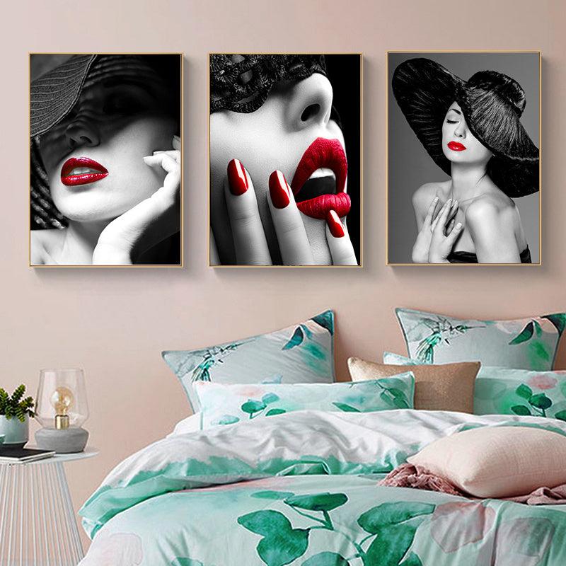 3pcs Red Lips Woman Mural Print Canvas Art Beauty Wall Picture