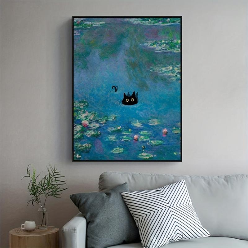 Vintage Monet Poster Print Wall Art Floral Abstract Funny Cat Canvas Painting