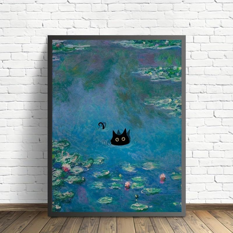 Vintage Monet Poster Print Wall Art Floral Abstract Funny Cat Canvas Painting