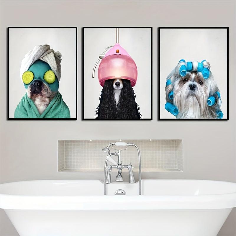 Dog in Bathrobe Canvas Painting - Bathroom Wall Art Decor