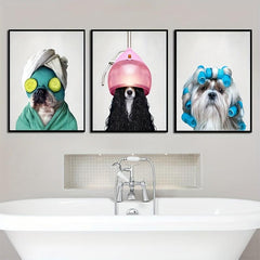 Dog in Bathrobe Canvas Painting - Bathroom Wall Art Decor