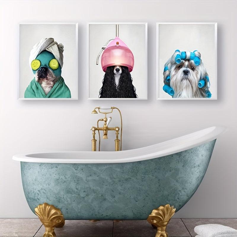 Dog in Bathrobe Canvas Painting - Bathroom Wall Art Decor