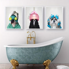 Dog in Bathrobe Canvas Painting - Bathroom Wall Art Decor