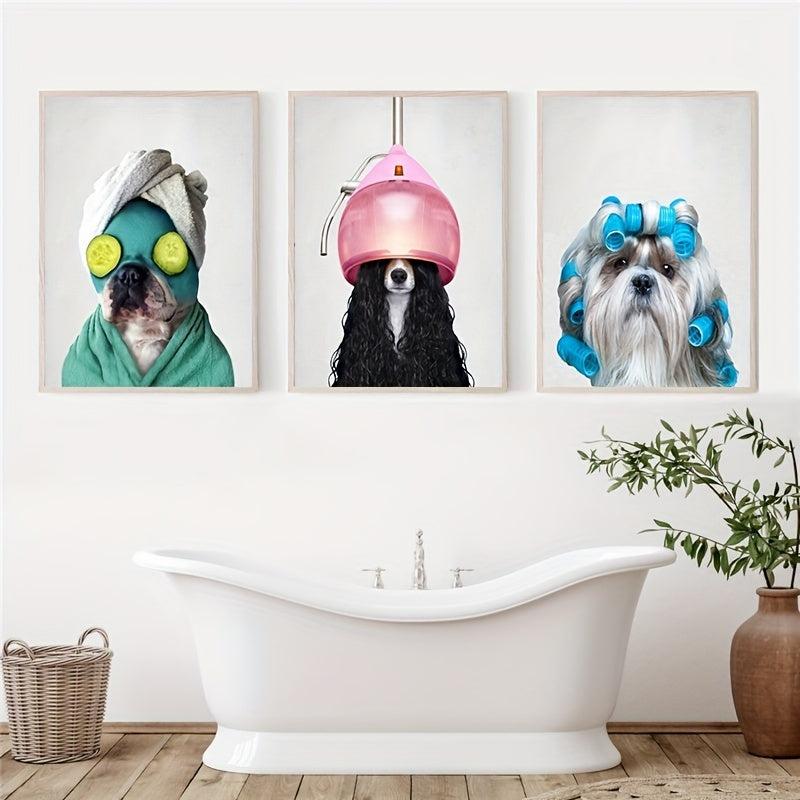 Dog in Bathrobe Canvas Painting - Bathroom Wall Art Decor