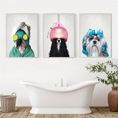 Dog in Bathrobe Canvas Painting - Bathroom Wall Art Decor