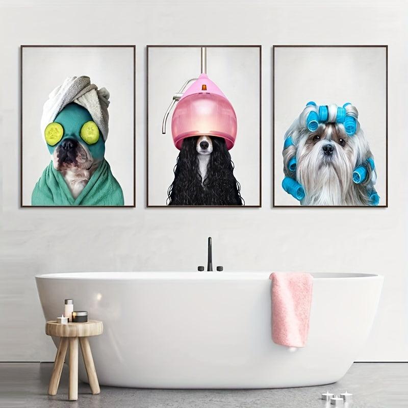 Dog in Bathrobe Canvas Painting - Bathroom Wall Art Decor