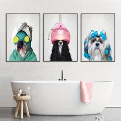 Dog in Bathrobe Canvas Painting - Bathroom Wall Art Decor