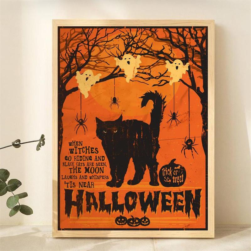 Halloween Cat Witch Poster Unframed Canvas Art Home Decor