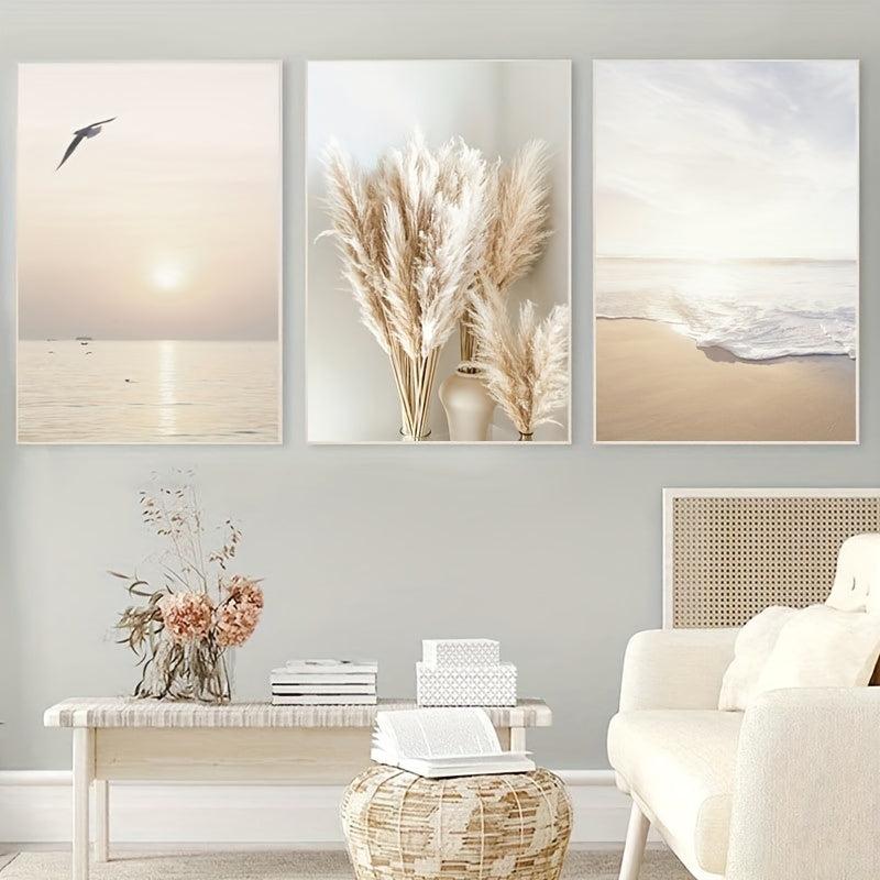 3pcs Canvas Poster Seaside Scenery Sunset Ideal Gift For Bedroom Decor