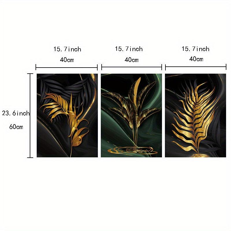 3pcs Green Golden Flower Canvas Poster - Ideal Wall Decor Artwork