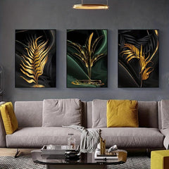 3pcs Green Golden Flower Canvas Poster - Ideal Wall Decor Artwork