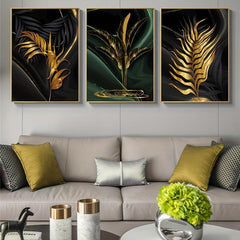 3pcs Green Golden Flower Canvas Poster - Ideal Wall Decor Artwork