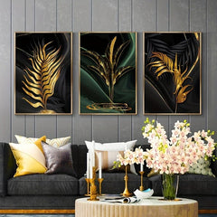 3pcs Green Golden Flower Canvas Poster - Ideal Wall Decor Artwork