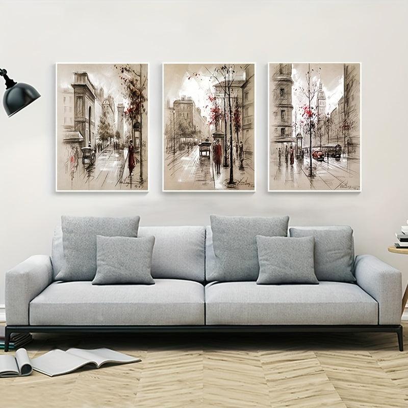 Set of 3 Abstract Canvas Paintings HD Prints Posters Retro City Street Landscape