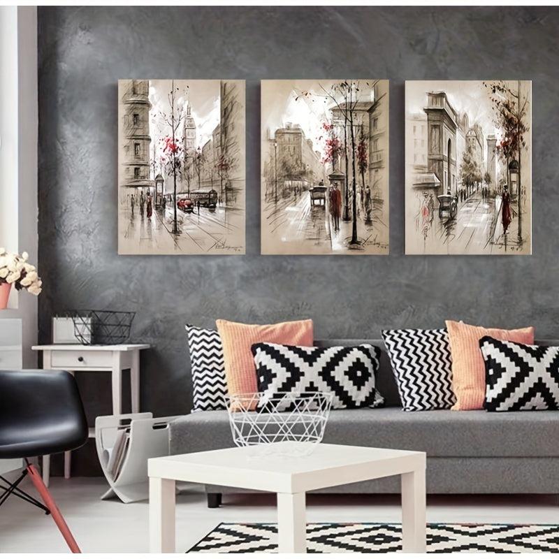 Set of 3 Abstract Canvas Paintings HD Prints Posters Retro City Street Landscape