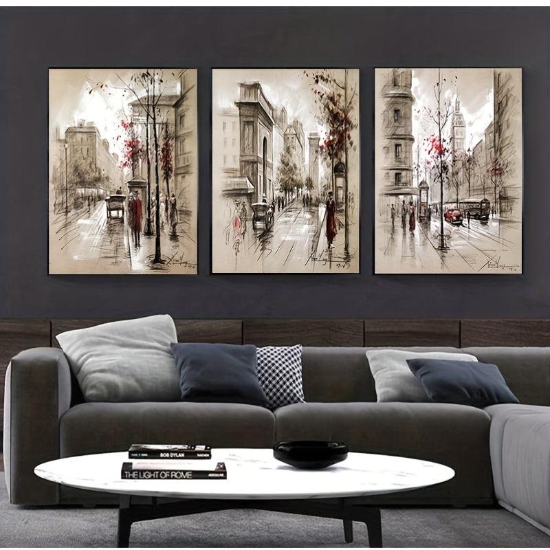 Set of 3 Abstract Canvas Paintings HD Prints Posters Retro City Street Landscape