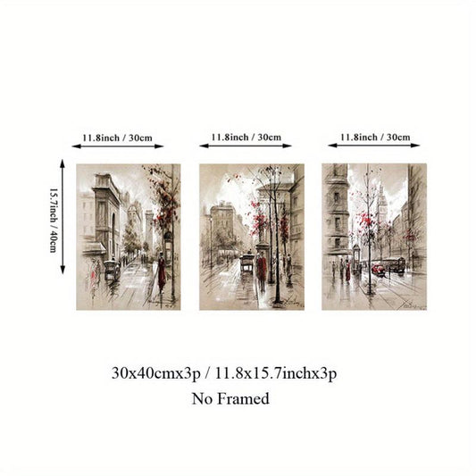 Set of 3 Abstract Canvas Paintings HD Prints Posters Retro City Street Landscape