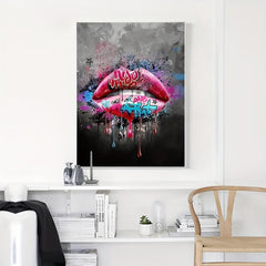 Graffiti Lip Canvas Wall Art Sexy Pink Lip Interior Painting Pop Artwork