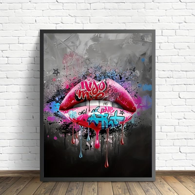 Graffiti Lip Canvas Wall Art Sexy Pink Lip Interior Painting Pop Artwork