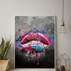Graffiti Lip Canvas Wall Art Sexy Pink Lip Interior Painting Pop Artwork