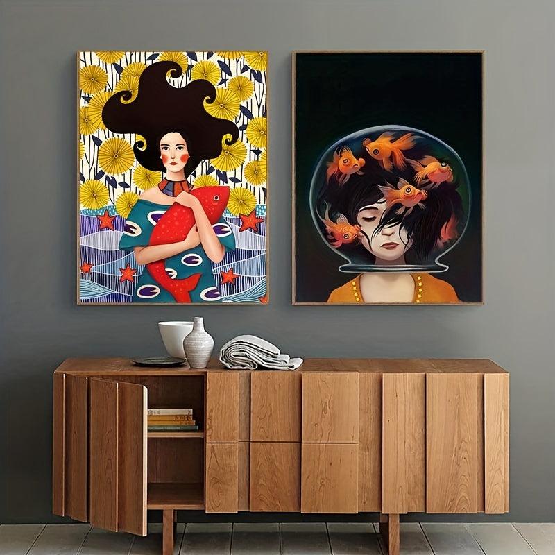 2pcs Girl & Fish Canvas Wall Art for Girl Bedroom Decor