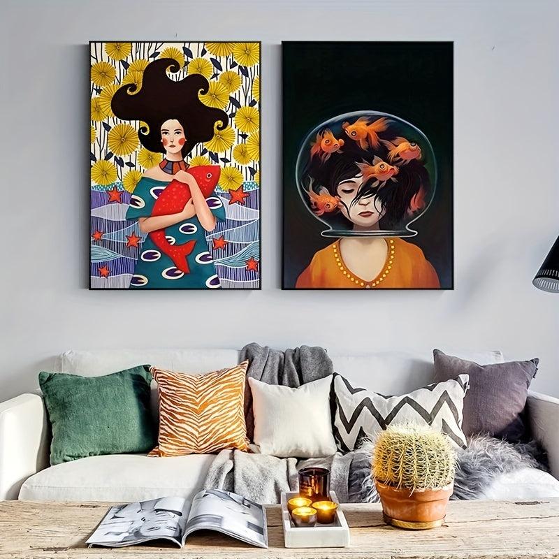 2pcs Girl & Fish Canvas Wall Art for Girl Bedroom Decor