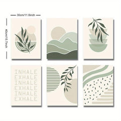 6pcs Boho Abstract Canvas Painting Green Botanical Art Poster