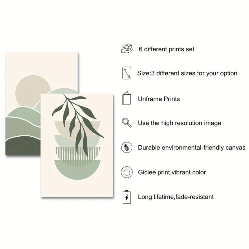 6pcs Boho Abstract Canvas Painting Green Botanical Art Poster