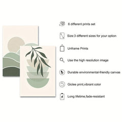 6pcs Boho Abstract Canvas Painting Green Botanical Art Poster