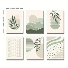 6pcs Boho Abstract Canvas Painting Green Botanical Art Poster