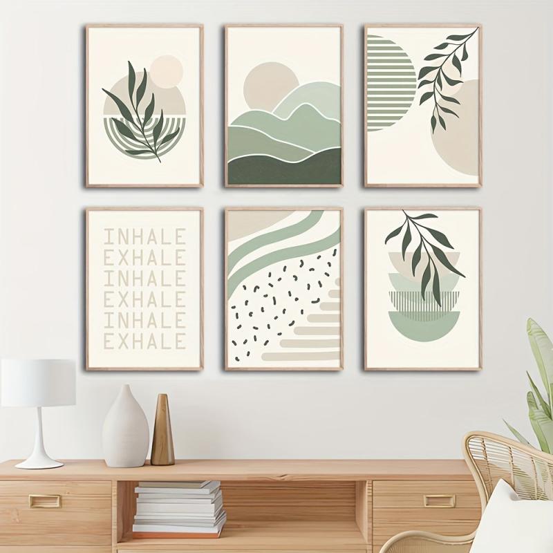 6pcs Boho Abstract Canvas Painting Green Botanical Art Poster