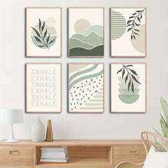 6pcs Boho Abstract Canvas Painting Green Botanical Art Poster