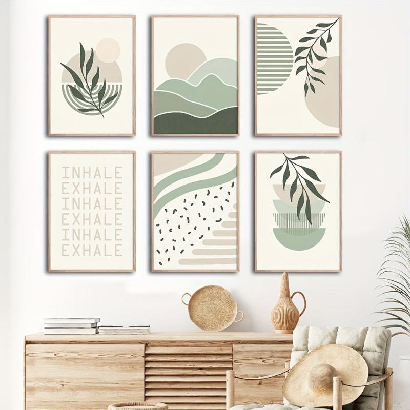 6pcs Boho Abstract Canvas Painting Green Botanical Art Poster