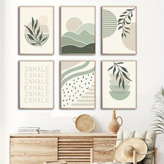 6pcs Boho Abstract Canvas Painting Green Botanical Art Poster
