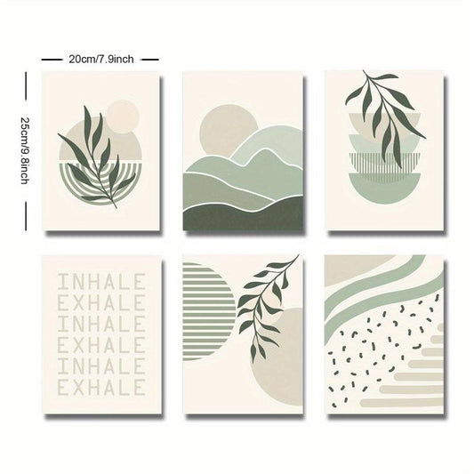 6pcs Boho Abstract Canvas Painting Green Botanical Art Poster