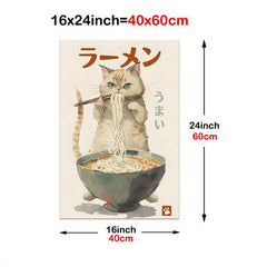 Cat Eating Ramen Canvas Wall Art Funny Japanese Food Painting