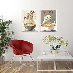 Cat Eating Ramen Canvas Wall Art Funny Japanese Food Painting