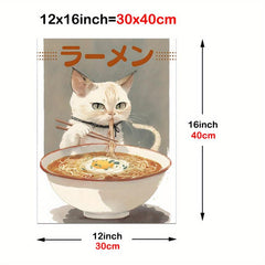 Cat Eating Ramen Canvas Wall Art Funny Japanese Food Painting