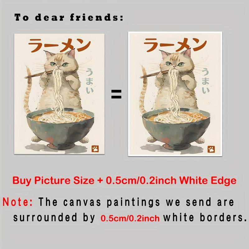 Cat Eating Ramen Canvas Wall Art Funny Japanese Food Painting