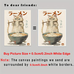 Cat Eating Ramen Canvas Wall Art Funny Japanese Food Painting